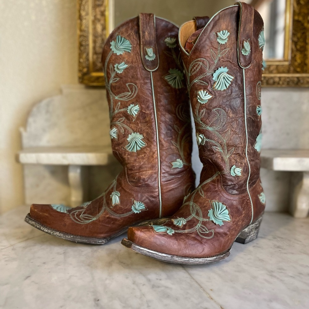 COPY - Old Gringo Abby Rose 13” Boots Size 7.5 in Brass/Aqua